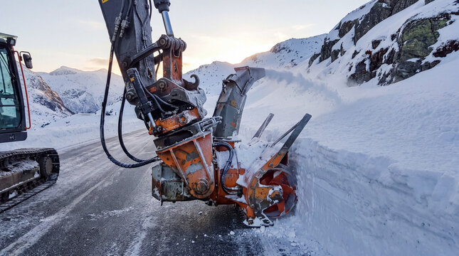 Snowblower attachment on excavator clearing a mountain road