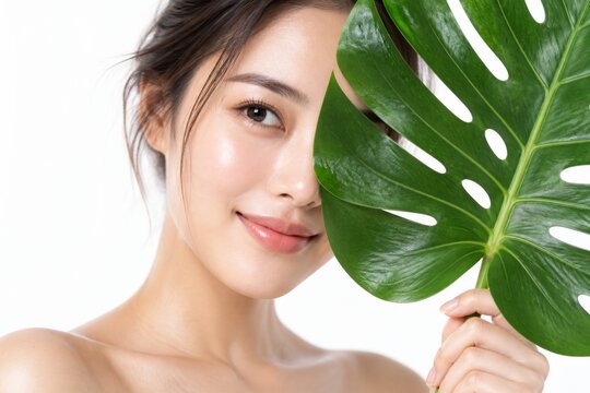 Beautiful young Asian woman smiling behind a large green leaf.