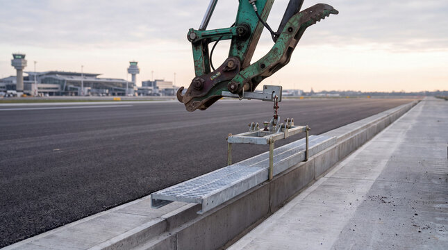 Excavator lifting a metal drainage grate beside an urban road