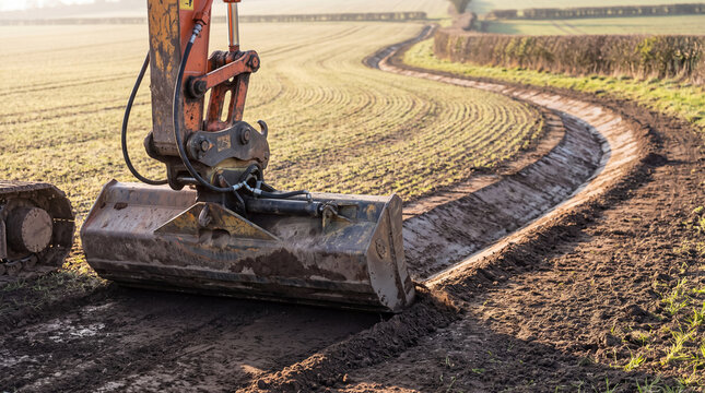 Excavator machine digging a drainage trench in a rural agricultural field during morning light