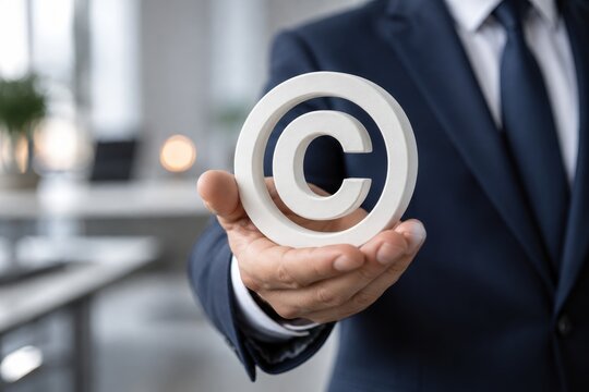 A businessman in a suit holding a white copyright sign.