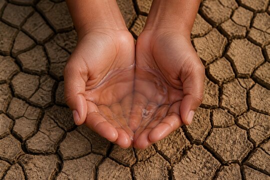 Child hands holding water over cracked dry ground drought