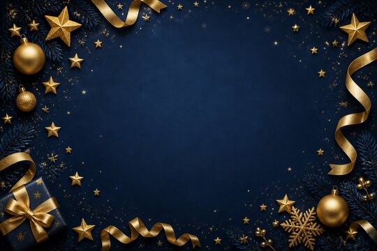 Blue backdrop framed by gold ribbons stars and festive ornaments
