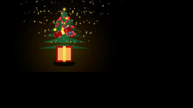 Animated decorated Xmas pine tree with red present box, colorful baubles, and sparkling gold dust on dark background