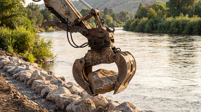Excavator grapple lifting rock for riverbank stabilization