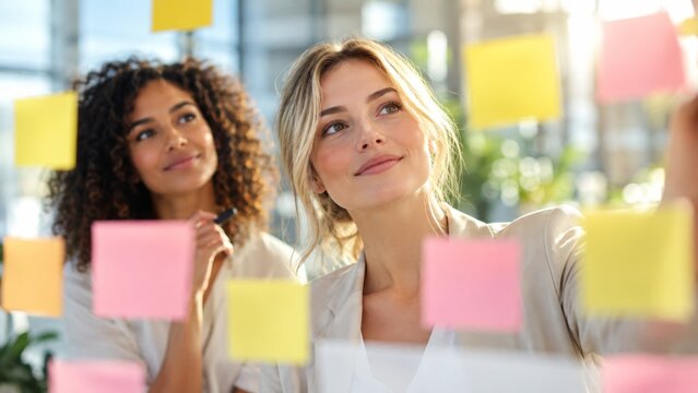 Business women team writing on a glass board for startup planning and marketing projects.