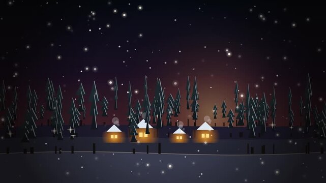 Cozy snowy winter night scene with illuminated village cottages, chimneys smoking and snowfall
