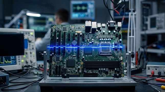 Electronics engineer scanning motherboard with blue laser in laboratory
