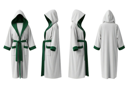 White bathrobe with green trim for spa and hotel isolated on transparent background