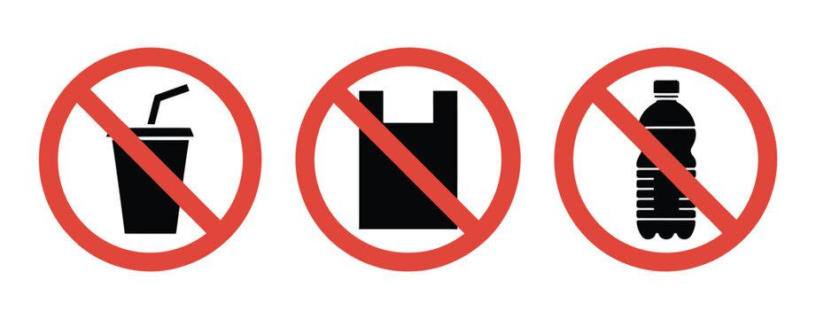 No Drink Container Icons, Disposable Cup, Shopping Bag and Plastic Bottle Prohibition Symbols for Environmental Protection