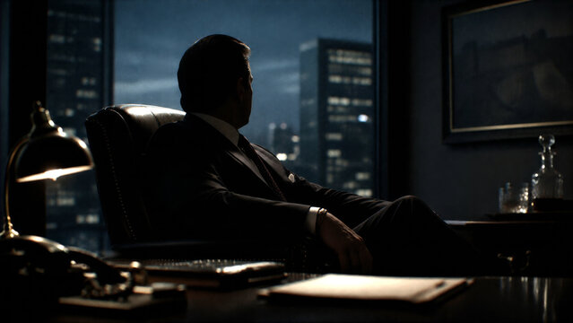Businessman sitting alone in a dark executive office at night, representing corporate power, leadership, decision making and business strategy