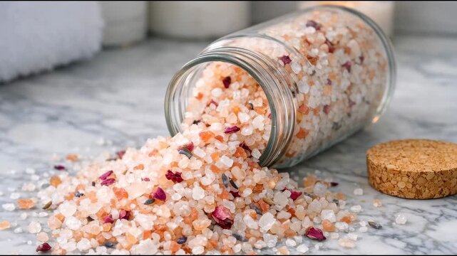A jar filled with sea salt next to a cork stopper
