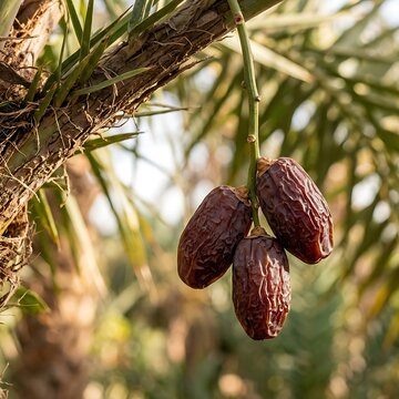 Close up of fresh organic brown dates hanging from a palm tree in nature
