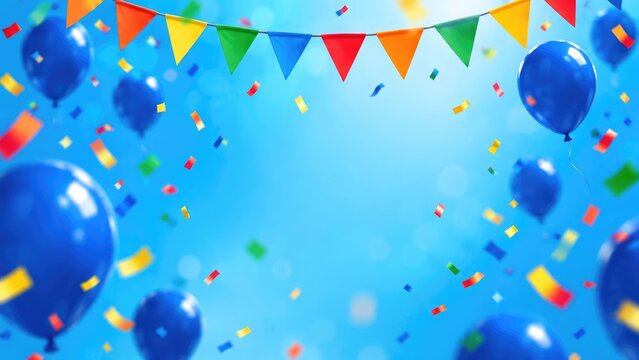Celebration background with colorful balloons confetti and festive party bunting flags