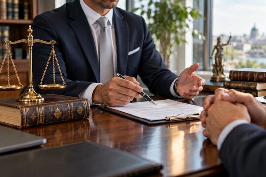 Professional lawyer having a legal discussion with a client at a wooden table.