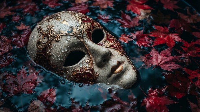 Ornate Venetian masquerade mask submerged in dark water surrounded by red autumn maple leaves, creating a gothic Halloween mystery and dark fantasy atmosphere.