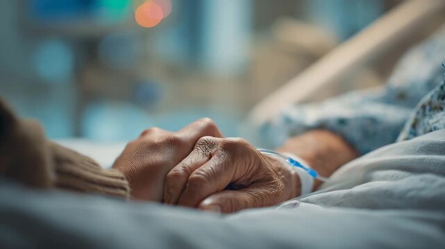 Caring Hand Holding Elderly Patient Hand in Hospital