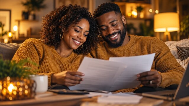 Happy couple reviewing documents together in soft light.