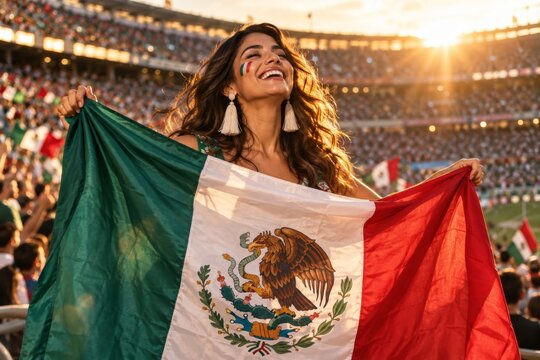 A joyful Mexican woman holds the national flag in a crowded stadium.