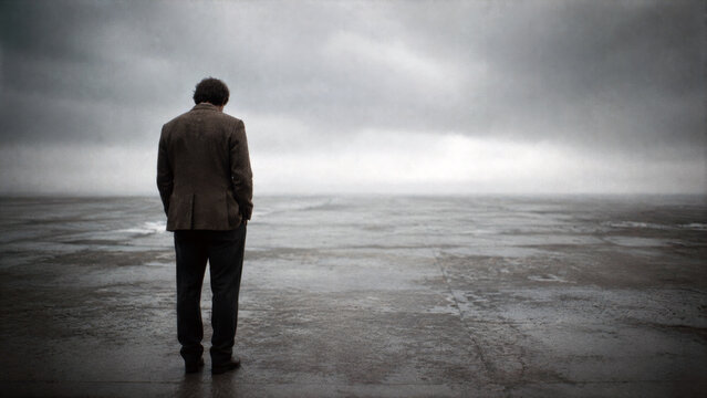 Lonely man standing under a stormy sky in a vast empty landscape, representing uncertainty, isolation, loss, crisis and emotional struggle