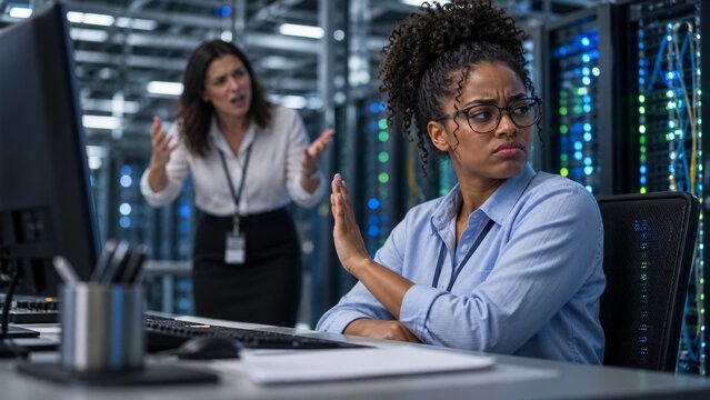 A dismissive data center employee ignoring a manager berating her about performance issues.