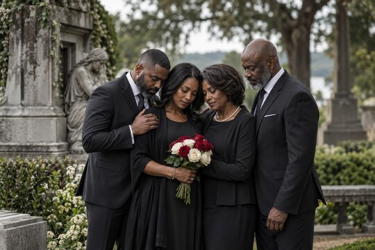 African American family in black clothing mourning loss at a cemetery gravesite.