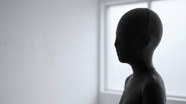 Faceless spooky silhouette in black morphsuit standing indoors, eerie Halloween horror monster, uncanny anonymous figure in minimalist room.