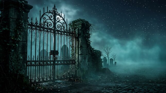 Haunted cemetery iron gate locked with chains on foggy night, eerie graveyard with tombstones under starry moonlit sky, dark Halloween background