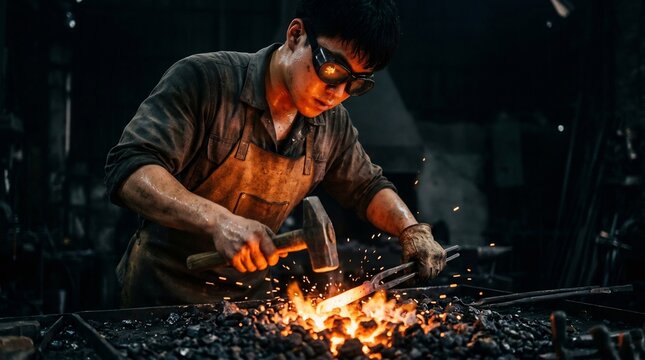 Blacksmith hammering glowing red metal over fiery forge with flying sparks, dark dramatic artisan workshop, traditional craftsmanship and blade making.
