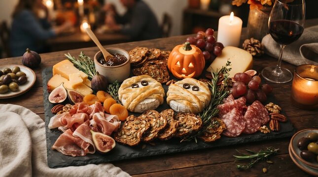 Halloween charcuterie board with mummy baked brie, cured meats, artisan cheeses, figs, and pumpkin lantern on rustic table at festive autumn party dinner.