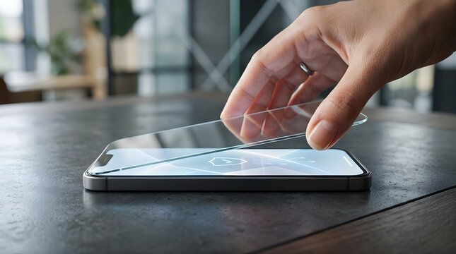 Hand Applying Protective Glass Film to a Smartphone Screen on a Desk