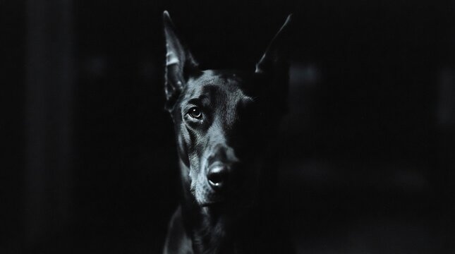 Menacing black Doberman Pinscher emerging from dark shadow, eerie Halloween hellhound portrait, dramatic chiaroscuro lighting, gothic horror guard dog aesthetic.