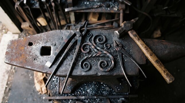 Gothic wrought iron scrollwork on antique blacksmith anvil with forged tools and hammer, dark medieval forge craftsmanship for Halloween gate and decor.