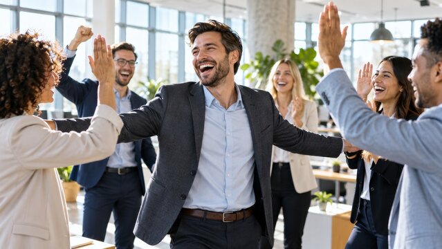 Diverse young employees celebrating success with high fives in a modern office.