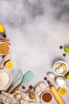 Baking ingredients and kitchen utensils preparing food