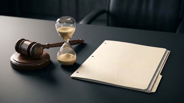 Wooden gavel and hourglass with sand on desk beside folder, representing legal justice and time constraints in court proceedings.