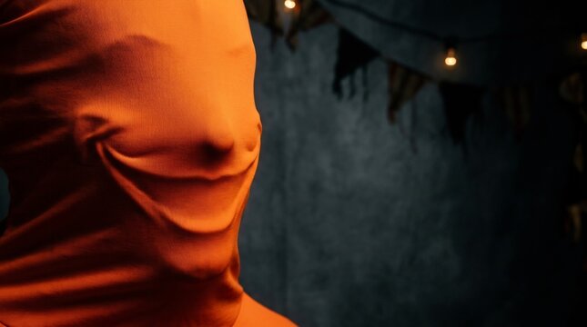 Creepy smiling figure wearing orange morphsuit mask in dark room, eerie Halloween character with sinister wide grin, horror concept, spooky party atmosphere.