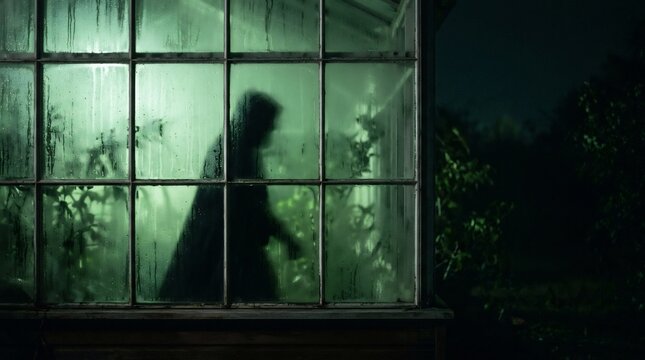 Sinister hooded figure silhouette inside foggy greenhouse at night, eerie green light, scary Halloween horror thriller concept, mysterious stalker behind steamy window glass.