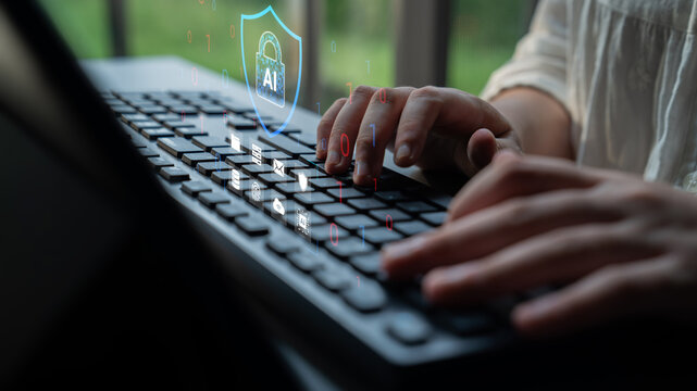 A close-up view of hands typing on a keyboard in a modern space, featuring a digital icon representing security and artificial intelligence, emphasizing technology and privacy concerns. Cyphers