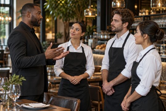A diverse waiter team attending a professional staff meeting in a modern cafe.