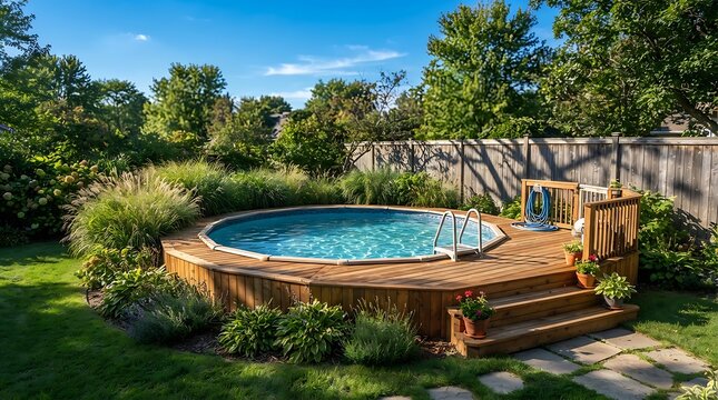 A beautiful backyard oasis featuring a custom wooden above ground pool deck surrounded by lush landscaping and trees