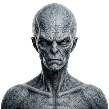 Portrait of a terrifying grey alien creature isolated on transparent background