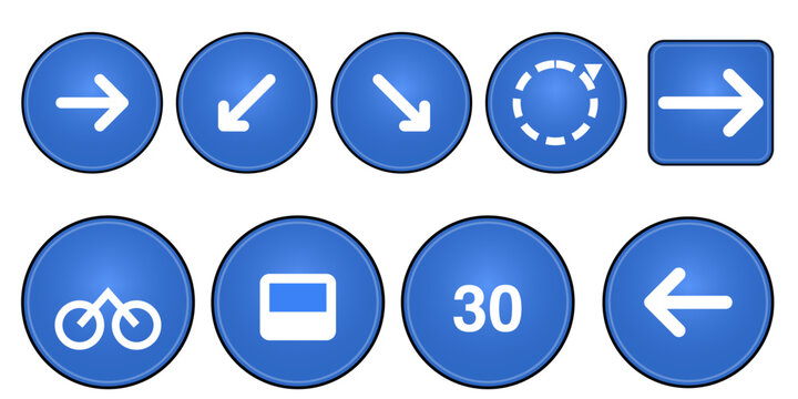 Blue 3D Traffic Sign Vector, Road Warning Symbols, Highway Safety Signs, Transportation Icons and Realistic Street Sign Collection