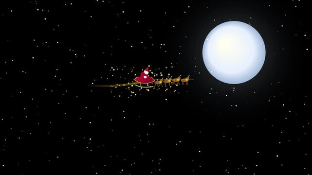 Vector Santa Claus riding reindeer sleigh across bright glowing full moon in starry night sky