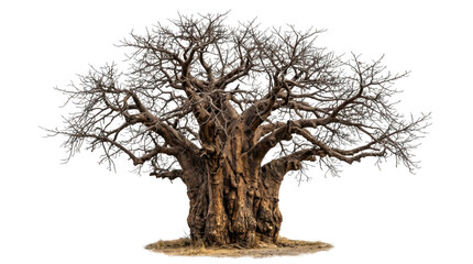 Obraz premium Large leafless baobab tree with thick trunk and intricate branches isolated on transparent background