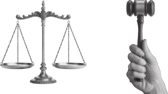 Scales of justice and gavel in hand a grayscale halftone illustration on a white background law legal judgement courtroom trial verdict equity balance fairness litigation
