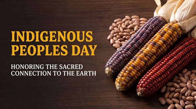 Indigenous Peoples Day banner with colorful native corn and beans on dark wood table