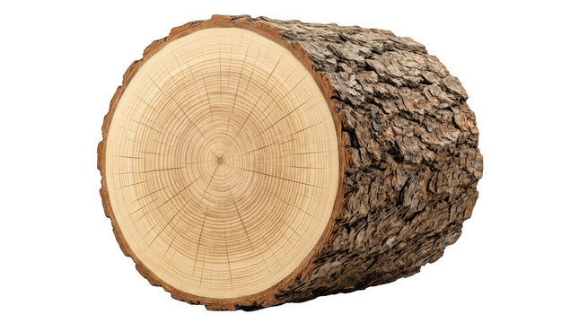 Pine log cross section with growth rings and bark isolated on a transparent background