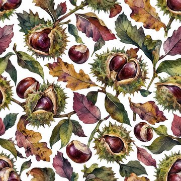 Watercolor Chestnut and Leaves Seamless Pattern