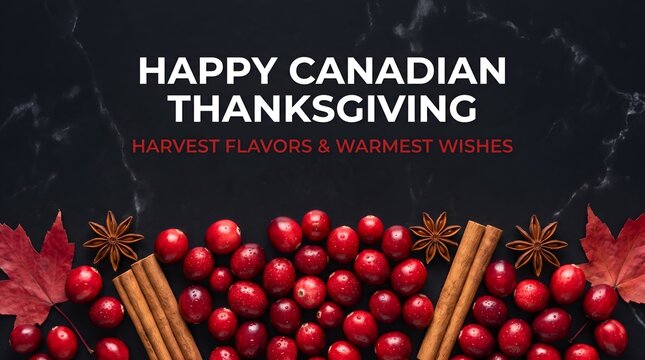 Happy Canadian Thanksgiving banner with fresh cranberries cinnamon and maple leaves on dark marble